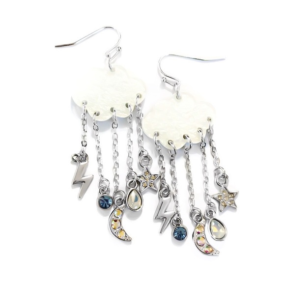 Silver Cloud Moon Star Lightning Bolt Swarovski AB Crystal Chandelier Earrings - Picture 4 of 9